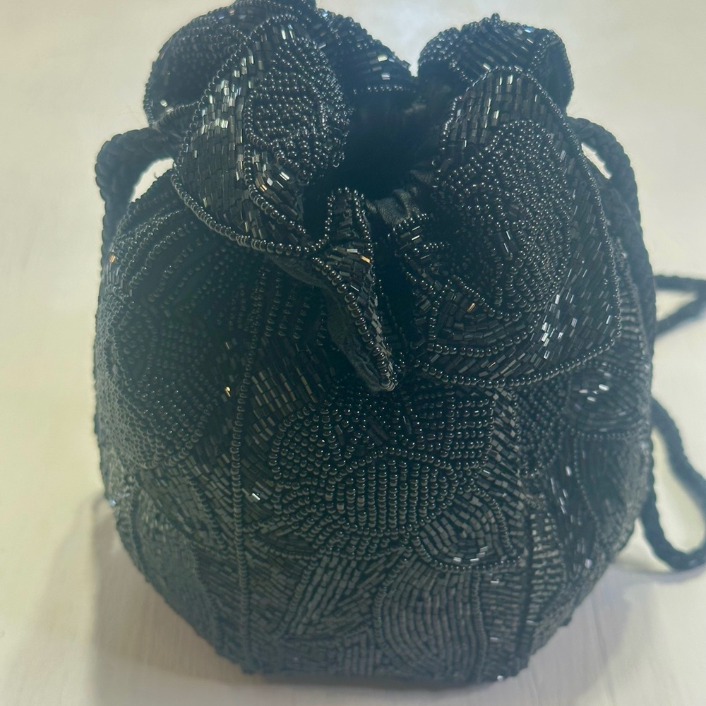 Vintage Black Glass Beaded Evening Purse Floral Drawstring Tassel Cocktail Bag - Picture 10 of 15